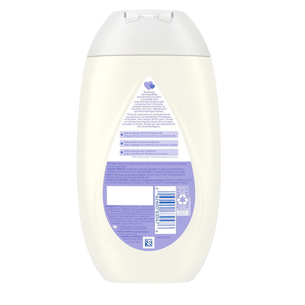 Back side of the bottle of JOHNSON’S ® Sensitive Care Face & Body Cream, 400mL